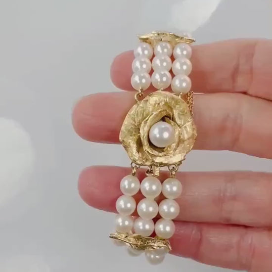 Vintage 14k Gold Triple Strand Pearl Bracelet with Rose, Floral Saltwater Cultured Pearl Bridal Bracelet 7"