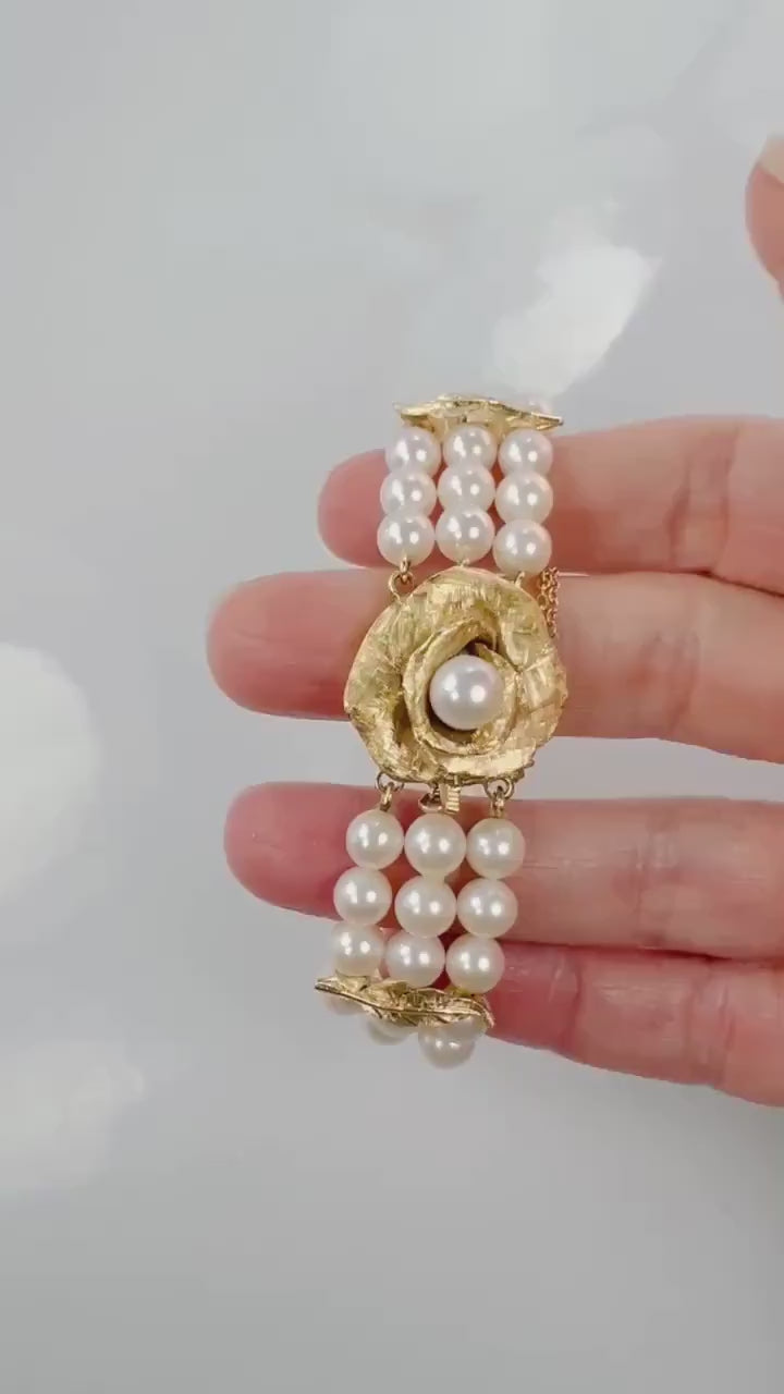Vintage 14k Gold Triple Strand Pearl Bracelet with Rose, Floral Saltwater Cultured Pearl Bridal Bracelet 7"