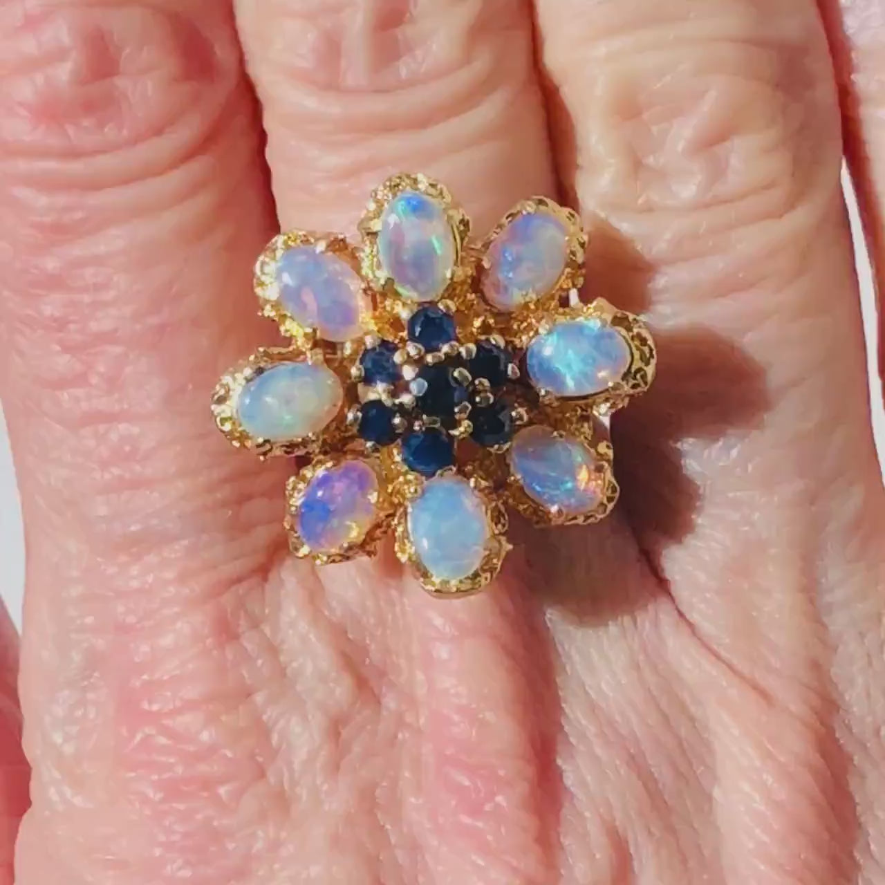 Vintage 14k Yellow Gold Natural Opal and Sapphire Cluster Ring - Floral Fiery Opal Ring - October Birthstone Size 6.5