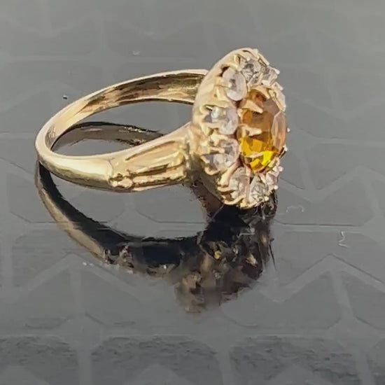 Vintage 10k Yellow Gold Gold and Clear Glass Ring Imitation Citrine and Diamond Halo Ring Size 5.25