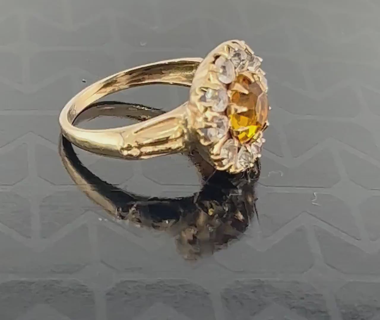 Vintage 10k Yellow Gold Gold and Clear Glass Ring Imitation Citrine and Diamond Halo Ring Size 5.25