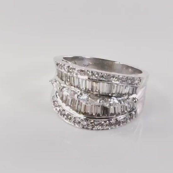 Vintage 14k White Gold Wide Natural Diamond Band with Marquise Baguette and Round Cuts Anniversary Ring 2 Carat TDW Size 6.75