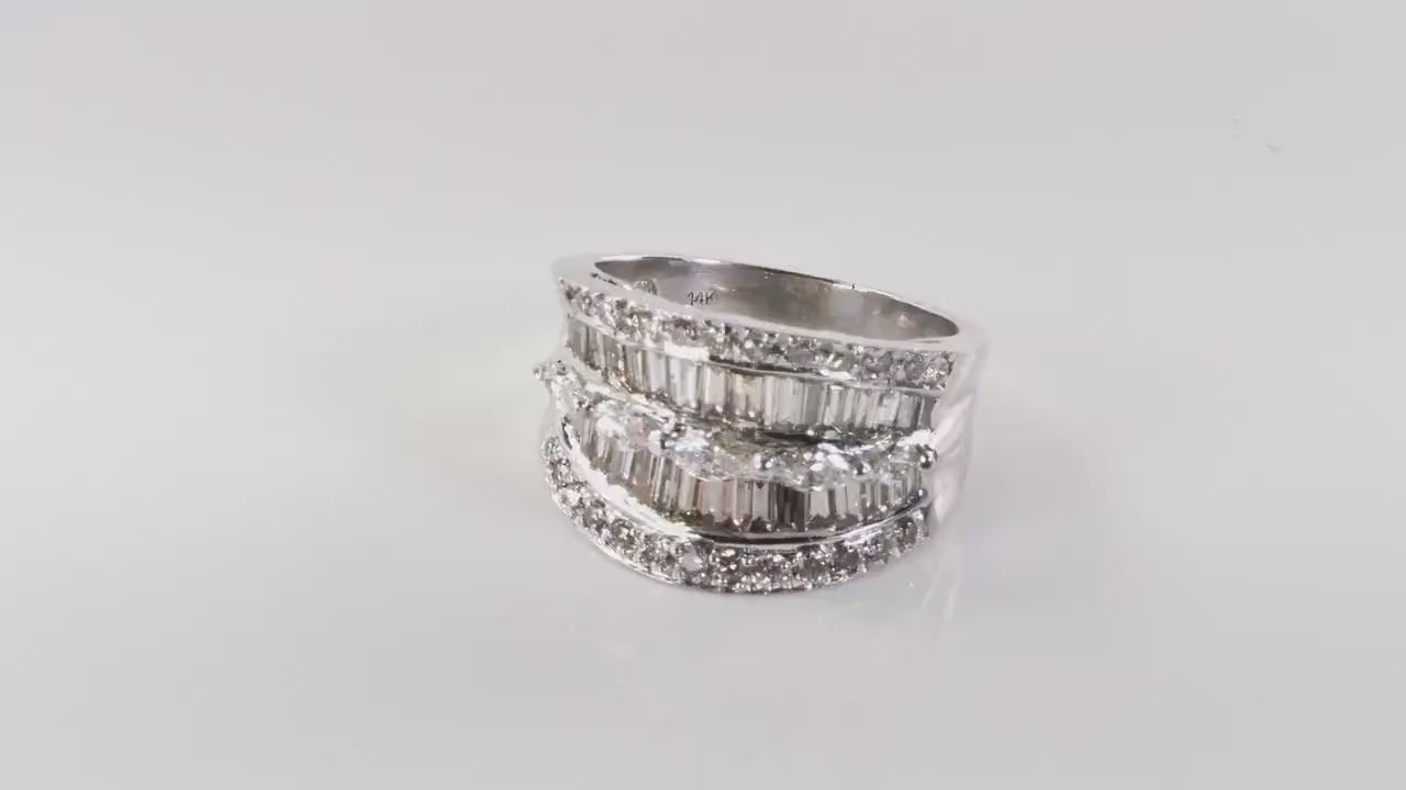 Vintage 14k White Gold Wide Natural Diamond Band with Marquise Baguette and Round Cuts Anniversary Ring 2 Carat TDW Size 6.75