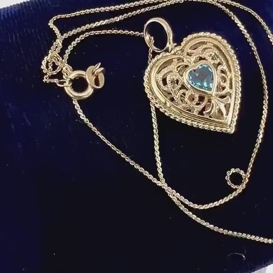 Vintage 14k Yellow Gold Purple Amethyst and Blue Topaz Heart Necklace, Reversible Pendant, 16"
