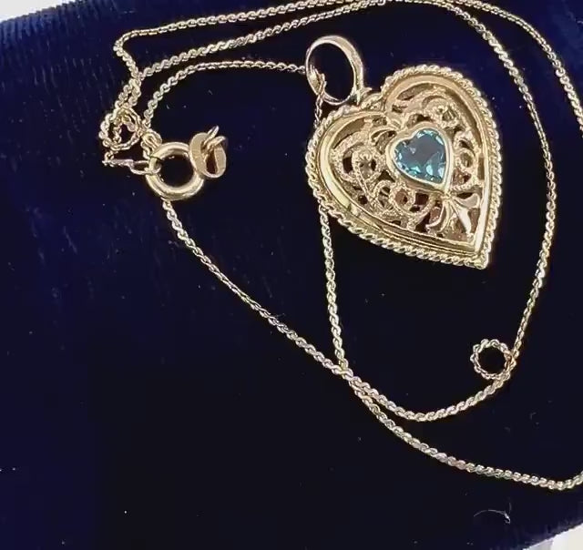 Vintage 14k Yellow Gold Purple Amethyst and Blue Topaz Heart Necklace, Reversible Pendant, 16"