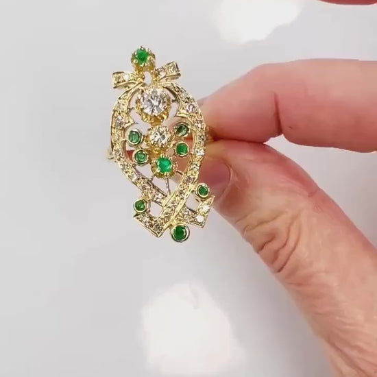 Vintage 14k Yellow Gold Natural Emerald and Diamond Dinner Ring, Cocktail Ring, Size 6