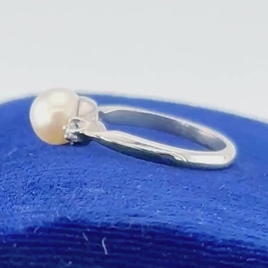 Vintage 14k White Gold Pearl and Diamond Ring - Baden and Foss June Birthstone Bridal Ring - Size 5.5