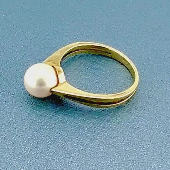 Vintage Solid 14k Yellow Gold White Cultured Pearl Ring, Modern Style June Birthstone Size 5.5