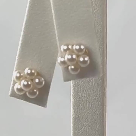 Vintage 14k Yellow Gold Cultured Pearl Daisy Stud Earrings, White Pearl Cluster Earrings, June Birthstone Bridal Earrings