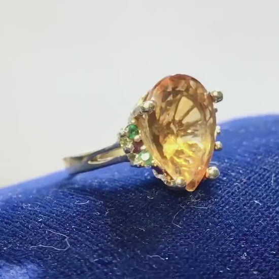 Vintage 14k Yellow Gold Natural Citrine, Emerald and Ruby Ring, Golden November Birthstone Ring, Size 8.25
