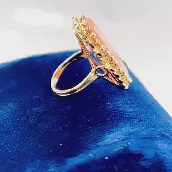 Vintage 14k Yellow Gold Cameo Ring with Diamond Necklace, Size 6.75