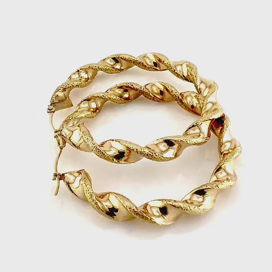 Large 14k Hoop Earrings with Fancy Twist Design - Vintage 14k Yellow Gold 1.75" Round Shape - Fine Jewelry