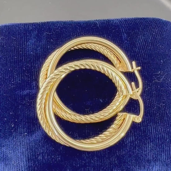 Vintage Large 14k Yellow Gold Fancy Twist Double Hoop Earrings 1.25" Round Hoop Earrings