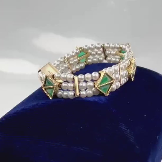 Lucien Piccard 14k Yellow Gold Triple Strand Gray Pearl Bracelet with Green Chrysoprase - Bridal Jewelry - Vintage Circa 1960’s - 7"