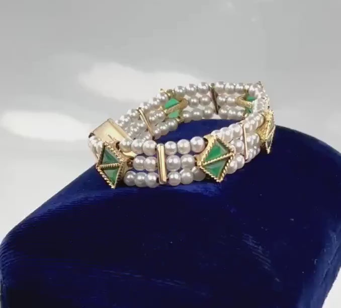 Lucien Piccard 14k Yellow Gold Triple Strand Gray Pearl Bracelet with Green Chrysoprase - Bridal Jewelry - Vintage Circa 1960’s - 7"