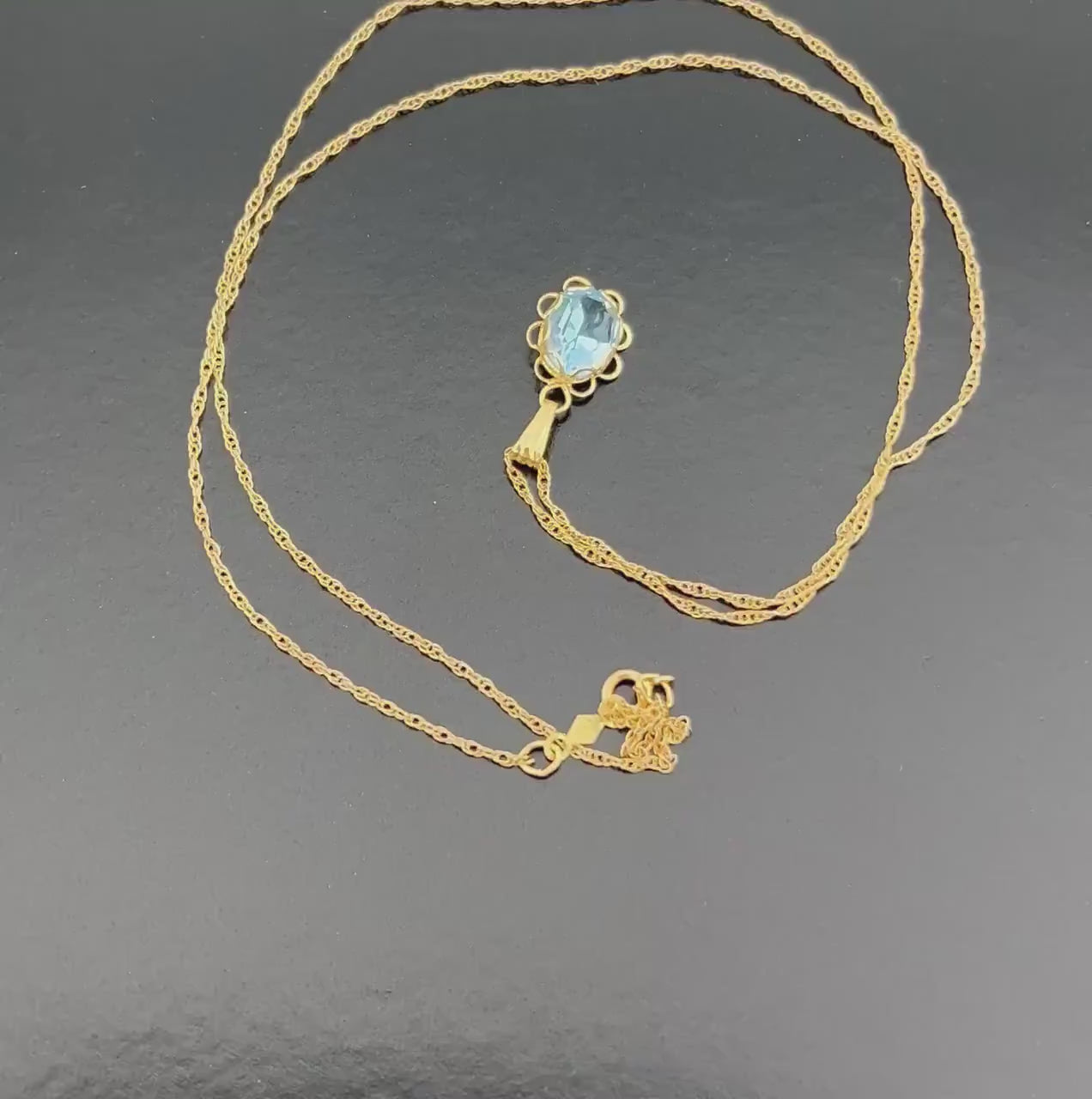 Vintage Dainty 14k Yellow Gold Light Blue Glass Pendant Necklace March Birthstone Color 18.5"
