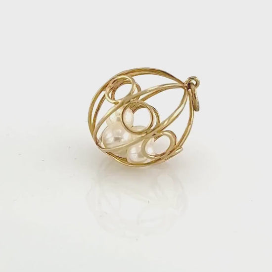 Vintage 18k Yellow Gold Cultured Pearl Ball Cage Pendant Charm