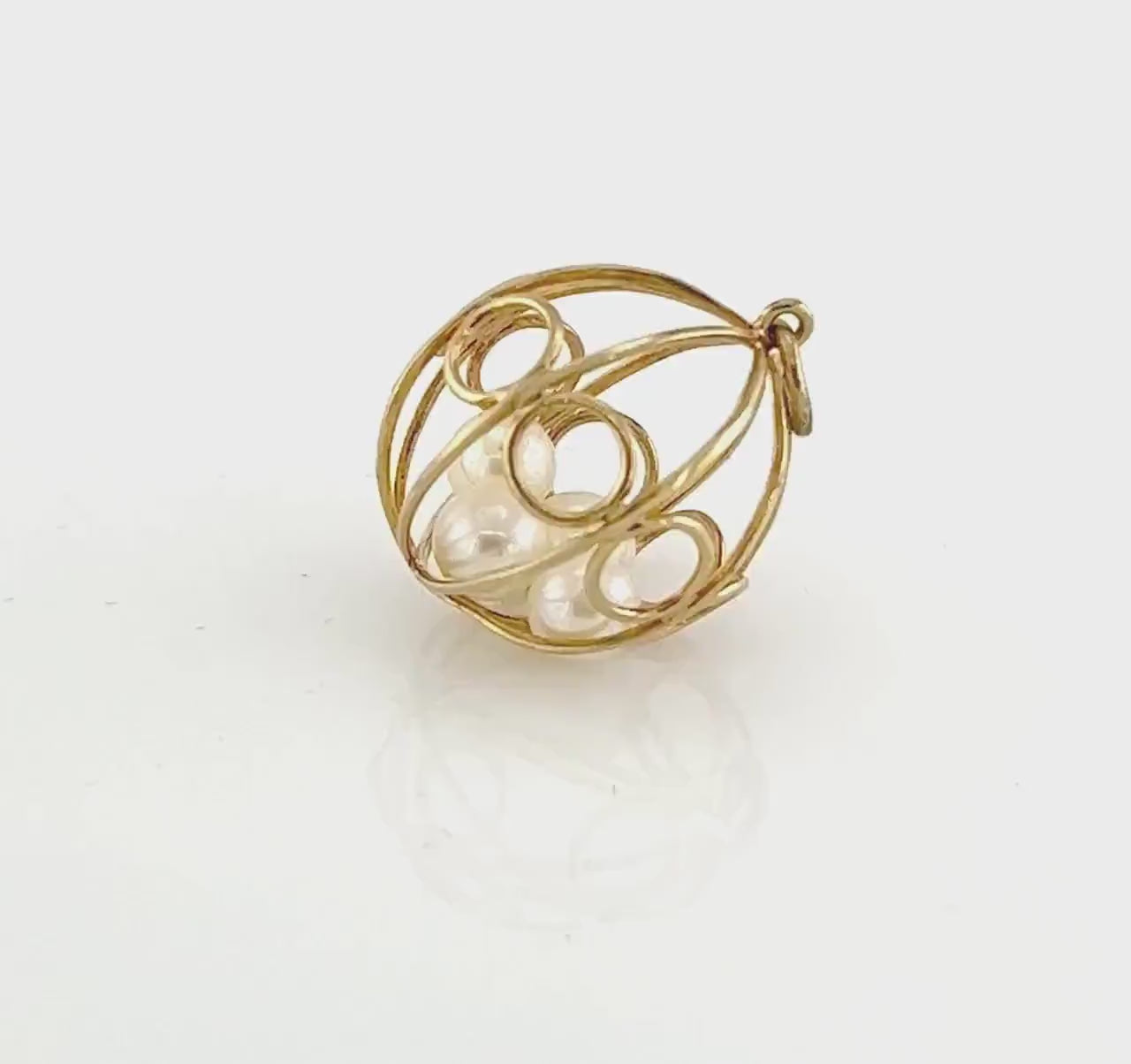 Vintage 18k Yellow Gold Cultured Pearl Ball Cage Pendant Charm