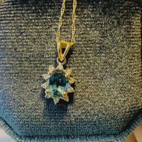 Vintage 14k  Blue Topaz and Diamond Necklace, Oval Cut Topaz Pendant, December Birthstone