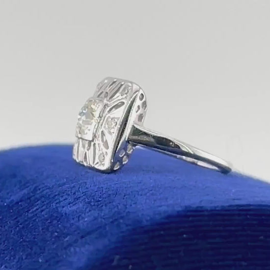 Vintage 14k White Gold Old European Cut Natural Diamond Ring Art Deco Diamond Ring Approx .50 Carat Center Diamond