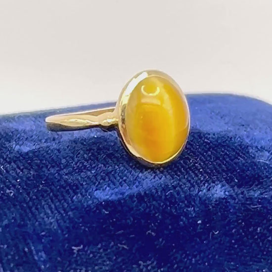 14k Yellow Gold Tiger Eye Ring - Vintage Natural Oval Shaped Gold Gemstone - Size 6 - Fine Jewelry