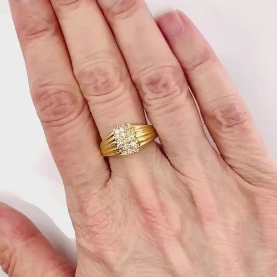Diamond Cluster Ring - Vintage 14k Yellow Gold Three Row Natural Gemstone Dome Style - Everyday Fine Jewelry - Size 6