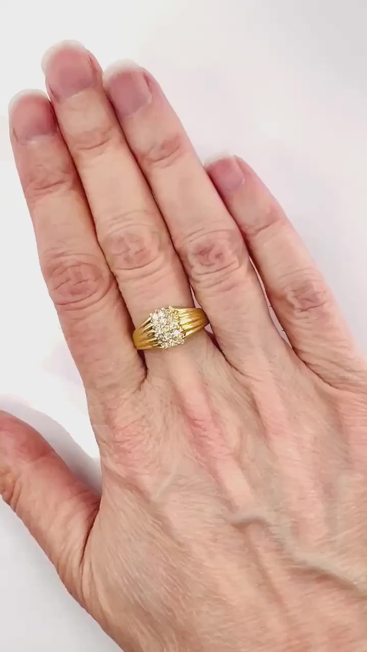 Diamond Cluster Ring - Vintage 14k Yellow Gold Three Row Natural Gemstone Dome Style - Everyday Fine Jewelry - Size 6