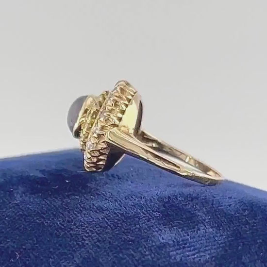 Vintage 14k Yellow Gold Natural Blue Star Sapphire and Diamond Halo Ring Size 7