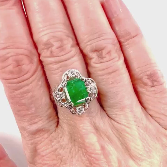 Vintage 14k White Gold Natural Emerald and Diamond Ring, Approximately 1.15 CT Emerald, May Birthstone Size 7.5