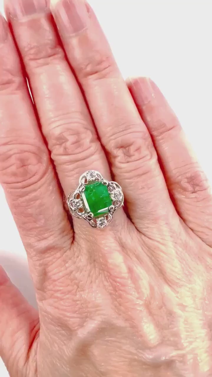 Vintage 14k White Gold Natural Emerald and Diamond Ring, Approximately 1.15 CT Emerald, May Birthstone Size 7.5