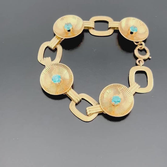 Vintage Retro 14k Yellow Gold Blue Topaz Fancy Circle Link Bracelet by Larter & Sons 7.25"