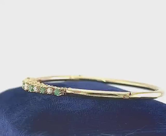 Vintage 14k Yellow Gold Natural Emerald and Diamond Bangle Bracelet - Bridal Bracelet - Small Size 6.75"