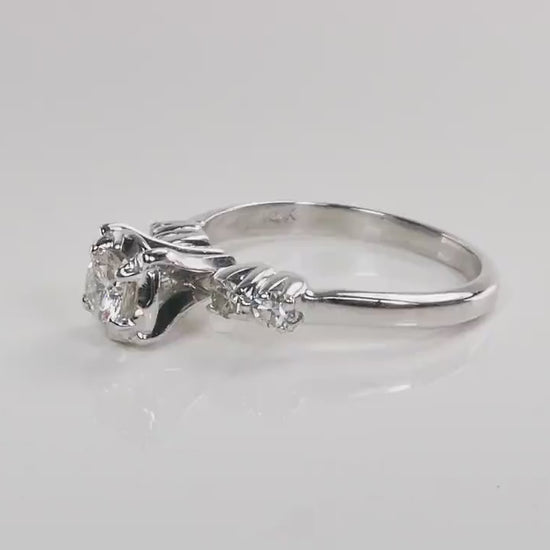 14k White Gold Natural Diamond Engagement Ring Vintage Round Brilliant Cut .25 Carat Center