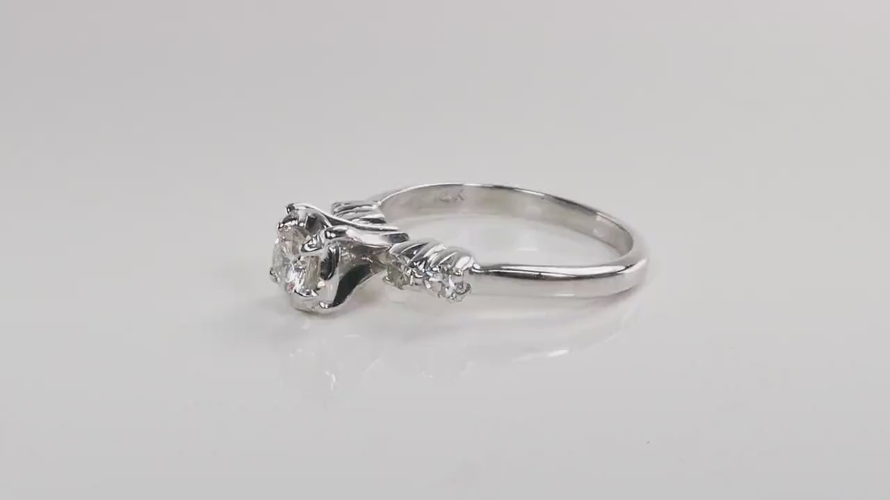 14k White Gold Natural Diamond Engagement Ring Vintage Round Brilliant Cut .25 Carat Center