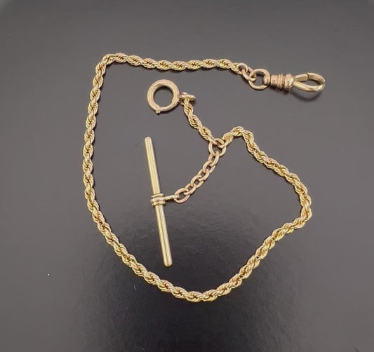 Antique 14k Yellow Gold Watch Chain, Victorian Albert Pocket Watch Chain with T-Bar 10.5"