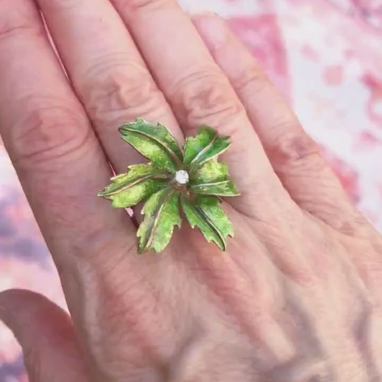 Vintage Large 14k Gold Green Enamel Floral Leaf Diamond Cocktail Ring Size 6.25