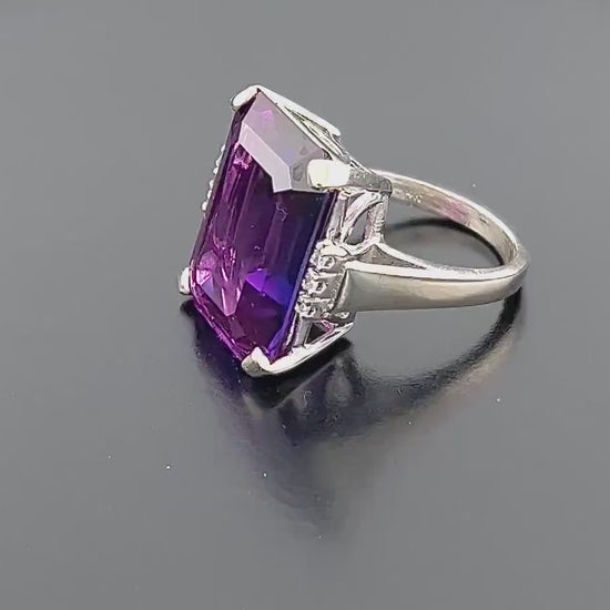 Vintage 14k White Gold Large Rectangle Cut Purple Sapphire and Diamond Ring Size 8