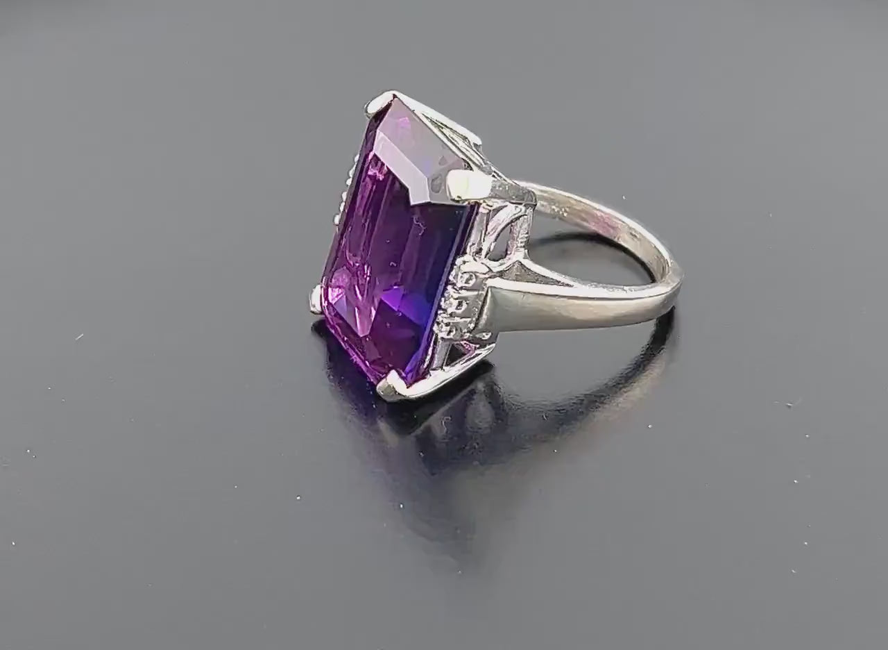 Vintage 14k White Gold Large Rectangle Cut Purple Sapphire and Diamond Ring Size 8
