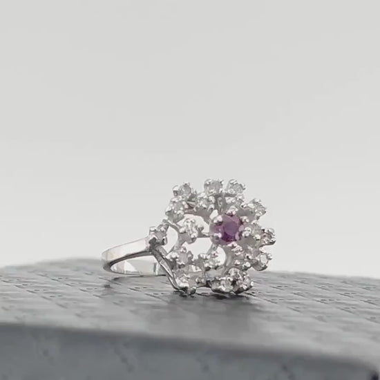 Ruby and Diamond Cluster Ring, 14k White Gold Natural Gemstone, Mid Century Modern Starburst Dome Cocktail, Size 6.25