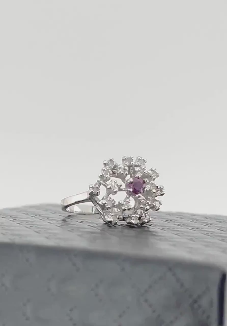 Ruby and Diamond Cluster Ring, 14k White Gold Natural Gemstone, Mid Century Modern Starburst Dome Cocktail, Size 6.25