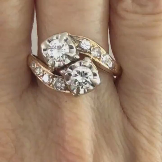 Vintage 14k Natural Diamond Toi et Moi Ring, Two Tone Gold Two Stone Diamond Ring, Approximately 1 Carat