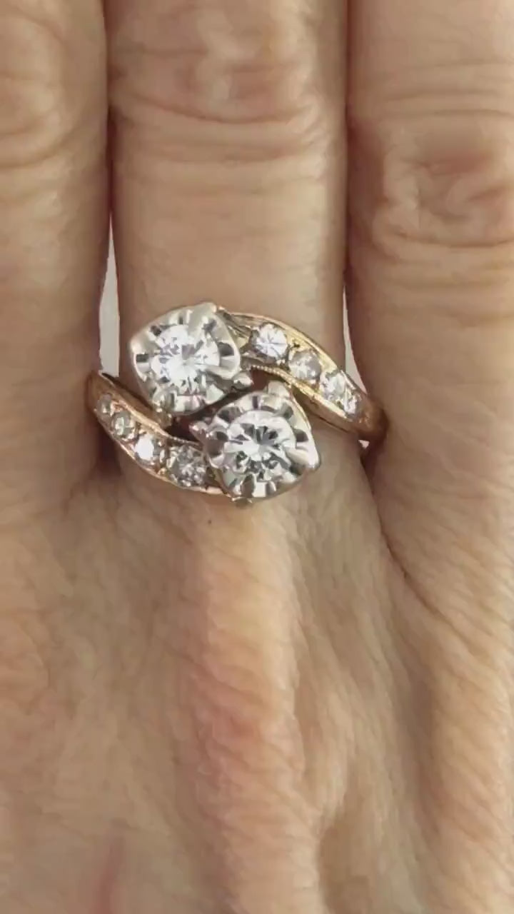 Vintage 14k Natural Diamond Toi et Moi Ring, Two Tone Gold Two Stone Diamond Ring, Approximately 1 Carat