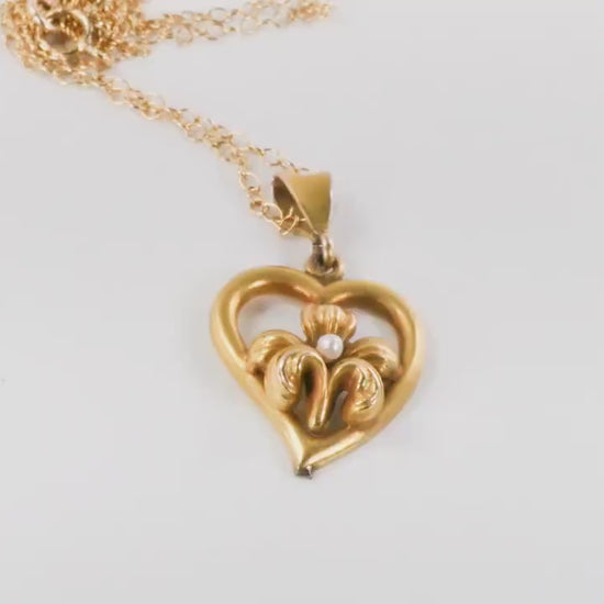 Vintage 14k Yellow Gold Floral Pearl Heart Pendant Necklace with Gold Filled Chain