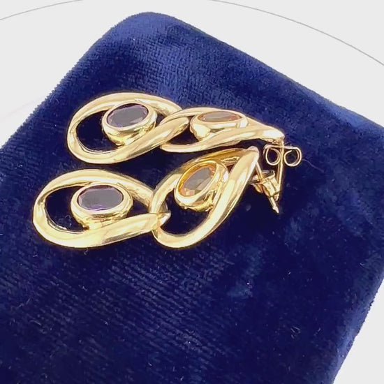 Vintage Large 14k Gold Purple and Yellow Sapphire Dangle Earrings
