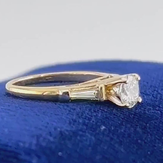 Vintage 18k Yellow Gold Natural Diamond Engagement Ring 1/2 CT Round Brilliant Diamond and Baguettes