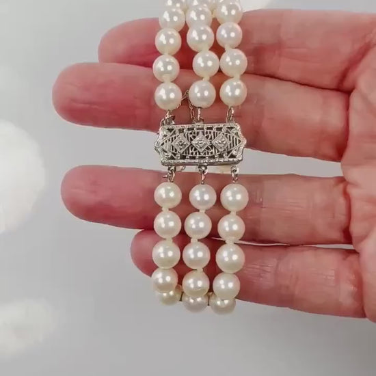 Vintage 14k White Gold Filigree and Diamond Triple Strand Pearl Bracelet, Saltwater Cultured Pearl Bridal Jewelry, 6.5"