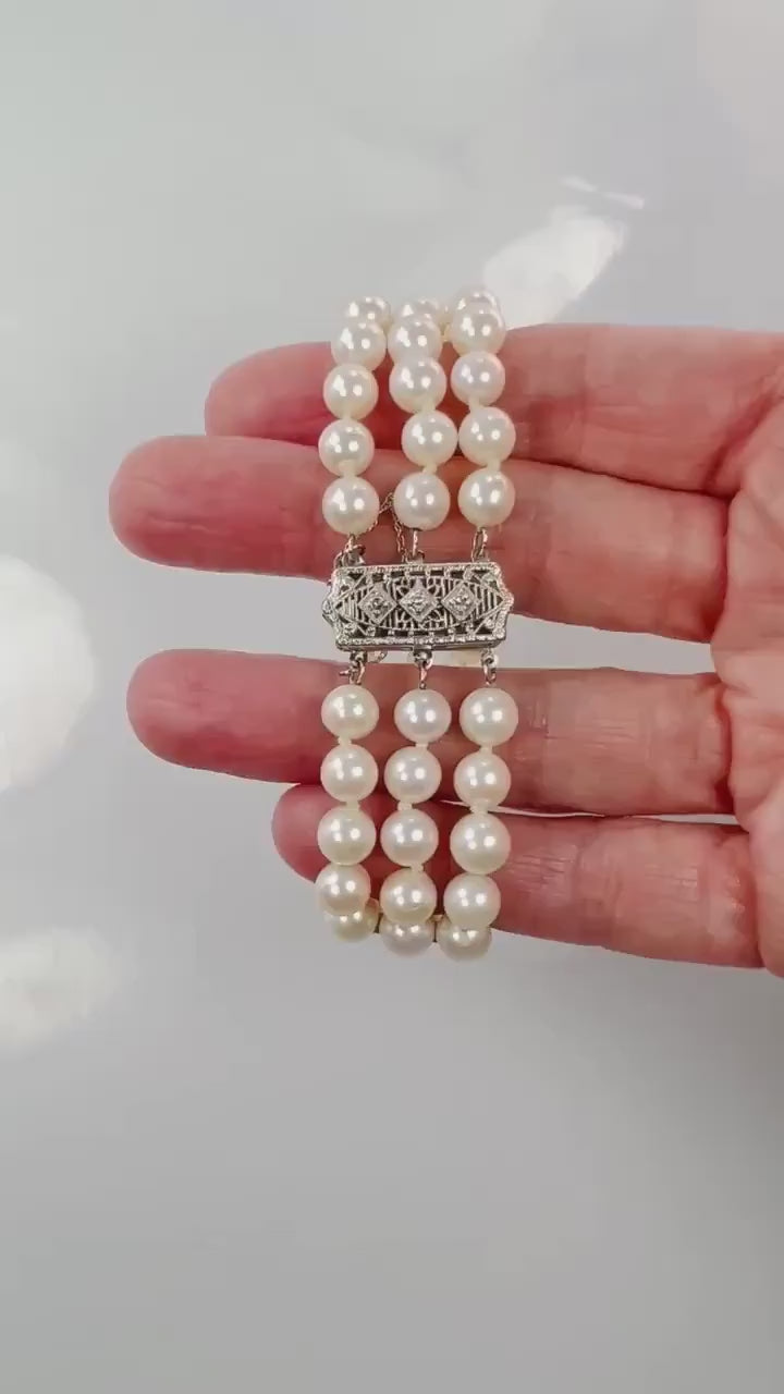 Vintage 14k White Gold Filigree and Diamond Triple Strand Pearl Bracelet, Saltwater Cultured Pearl Bridal Jewelry, 6.5"
