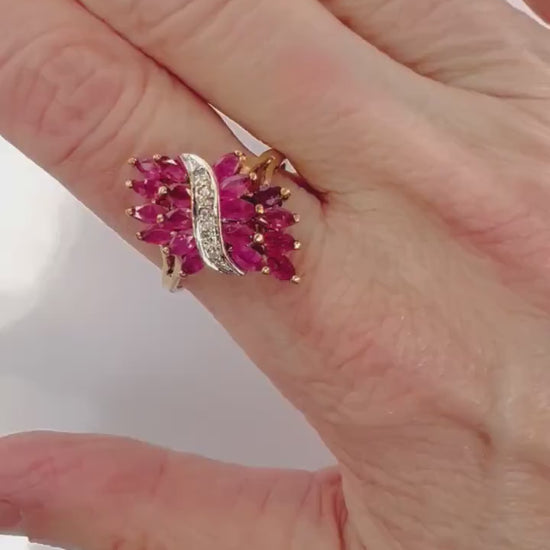 Vintage 10k Natural Ruby and Diamond Ring, Solid Gold Samuel Aaron Red Stone Ring, July Birthstone Cluster Ring Size 8.75