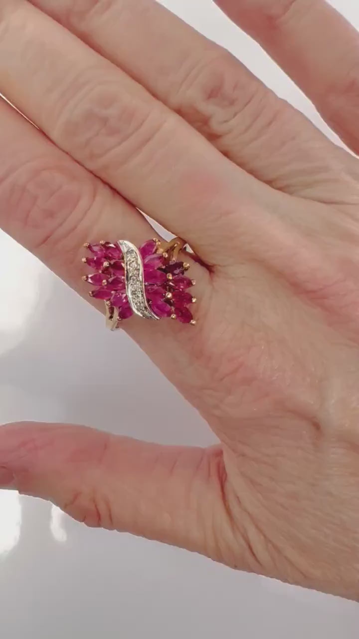 Vintage 10k Natural Ruby and Diamond Ring, Solid Gold Samuel Aaron Red Stone Ring, July Birthstone Cluster Ring Size 8.75