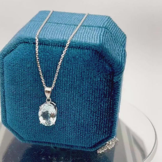 Vintage 14k White Gold Pale Blue Aquamarine Drop Necklace Oval Pendant March Birthstone